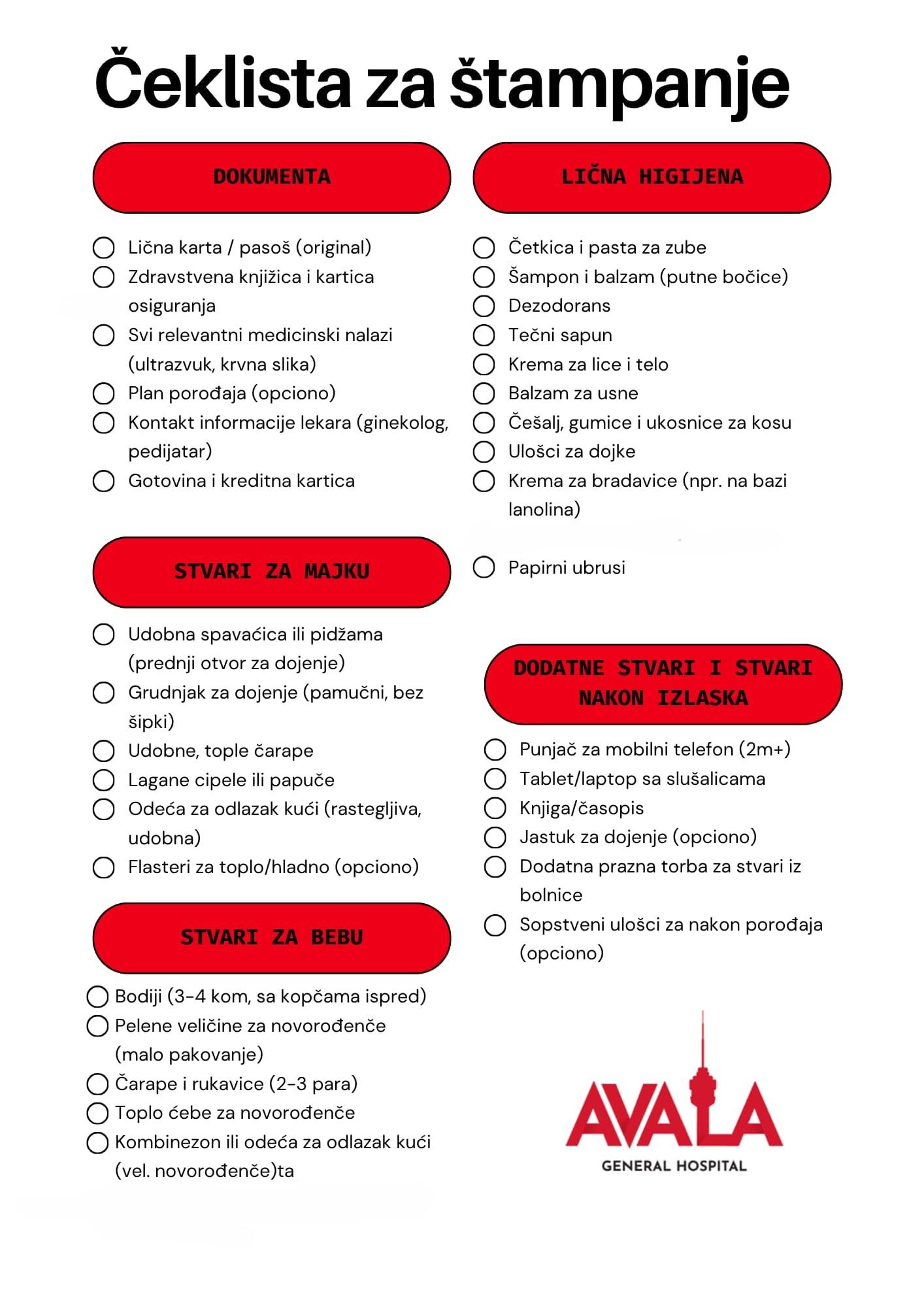 spisak za pakovanje torbe za porodilište